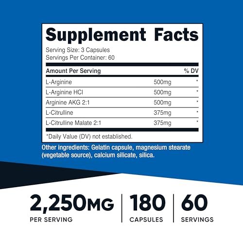 Nutricost Stickstoffmonoxid-Booster 2250mg, 180 Kapseln - 750mg pro Kapsel, 60 Portionen - Glutenfrei und Nicht-GVO
