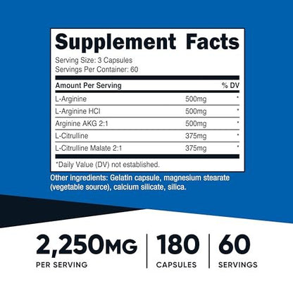 Nutricost Stickstoffmonoxid-Booster 2250mg, 180 Kapseln - 750mg pro Kapsel, 60 Portionen - Glutenfrei und Nicht-GVO
