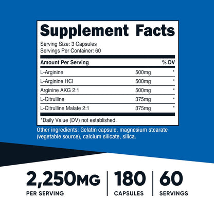Nutricost Stickstoffmonoxid-Booster 2250mg, 180 Kapseln - 750mg pro Kapsel, 60 Portionen - Glutenfrei und Nicht-GVO
