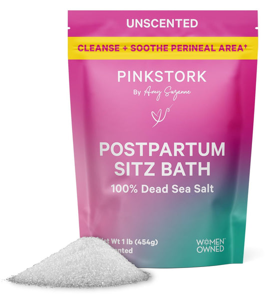 Pink Stork Postpartum Sitzbad: Totes Meersalz für die Dammpflege & Reinigung, Wochenbett-Erholung, Wehen- und Geburts-Essentials, Frauen-geführt, unparfümiert, 454 g