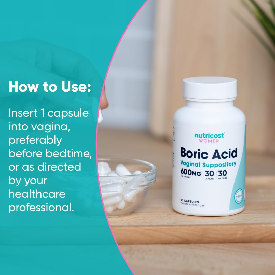 Nutricost Borsäure 600mg, 30 Kapseln - Vaginalzäpfchen - Non-GMO - für Frauen