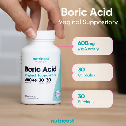 Nutricost Borsäure 600mg, 30 Kapseln - Vaginalzäpfchen - Non-GMO - für Frauen