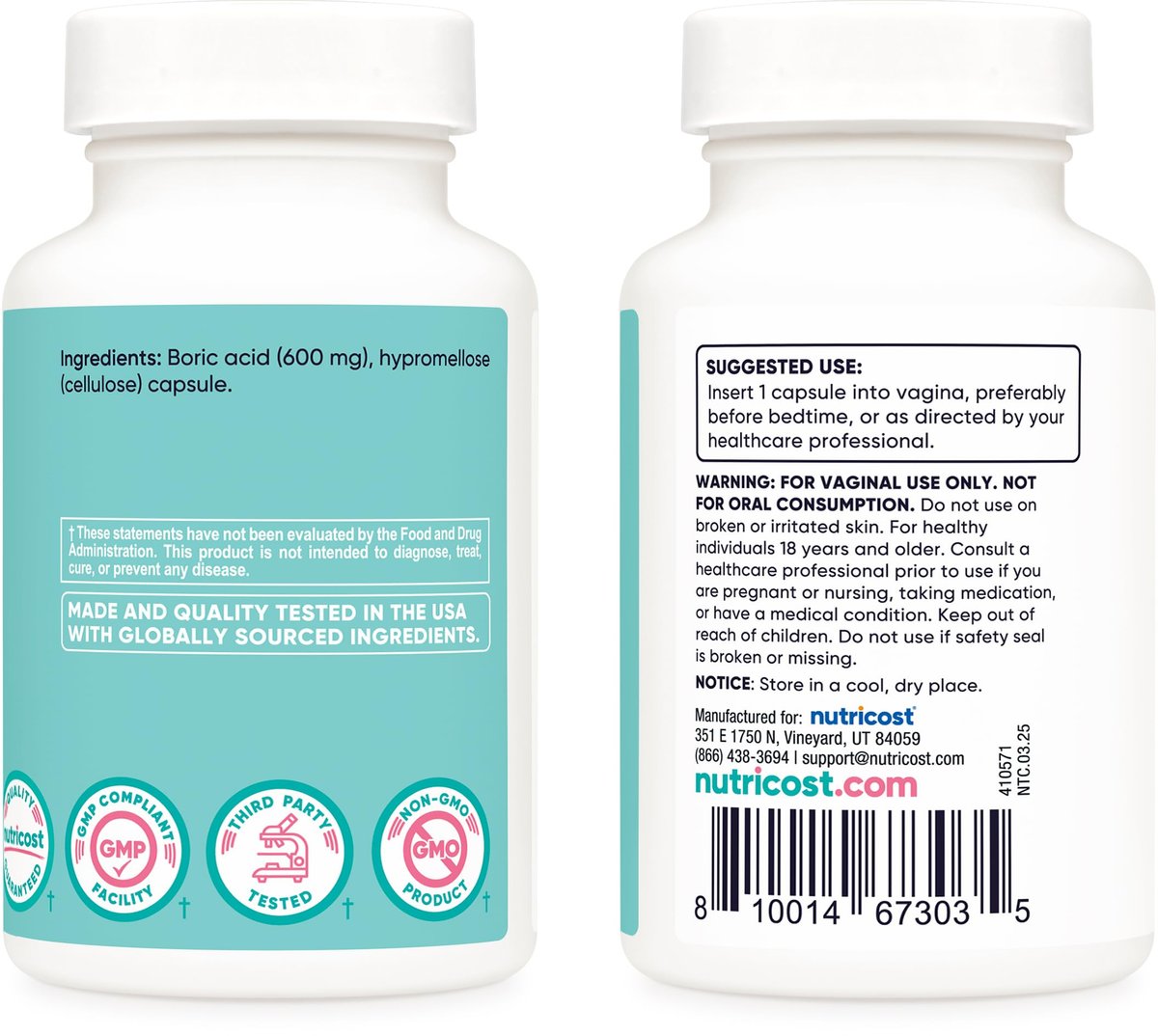 Nutricost Borsäure 600mg, 30 Kapseln - Vaginalzäpfchen - Non-GMO - für Frauen