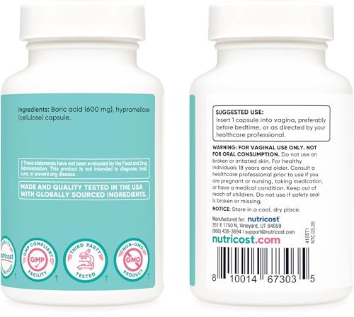 Nutricost Borsäure 600mg, 30 Kapseln - Vaginalzäpfchen - Non-GMO - für Frauen