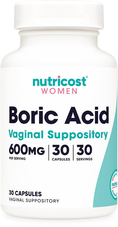Nutricost Borsäure 600mg, 30 Kapseln - Vaginalzäpfchen - Non-GMO - für Frauen