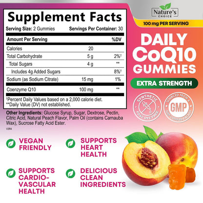 CoQ10 Gummis für Erwachsene - Coenzym Q10 100 mg pro Portion - 3-fache Stärke, hochabsorbierendes Antioxidans für Herzgesundheit und Energieproduktion - Co Q10 (Coq 10) Nahrungsergänzung - 60 Gummis