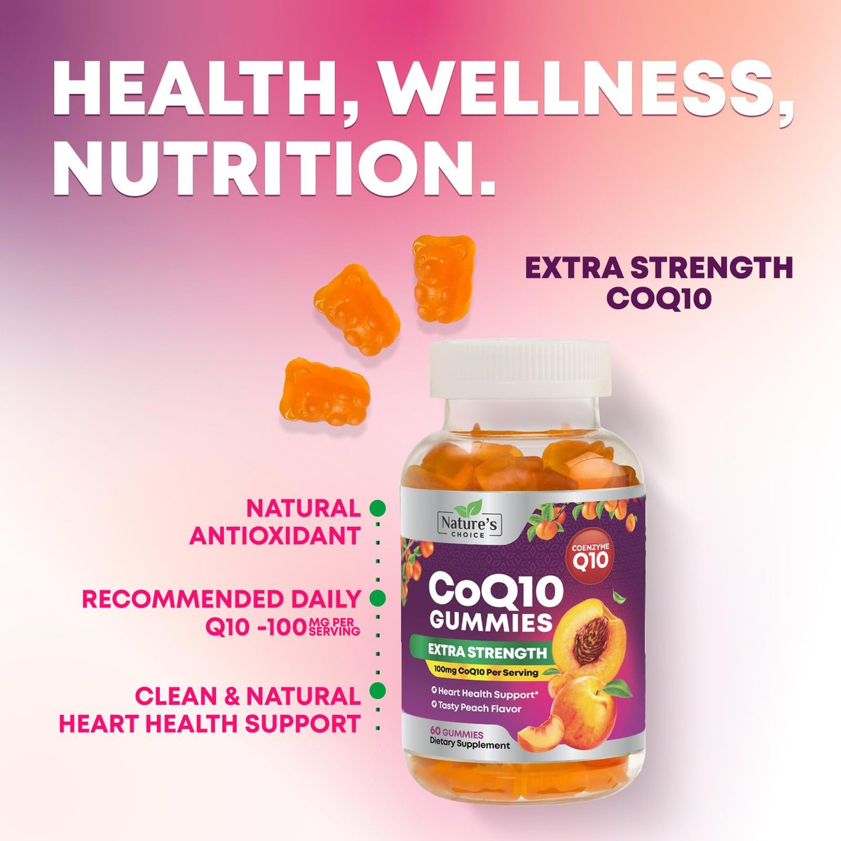 CoQ10 Gummis für Erwachsene - Coenzym Q10 100 mg pro Portion - 3-fache Stärke, hochabsorbierendes Antioxidans für Herzgesundheit und Energieproduktion - Co Q10 (Coq 10) Nahrungsergänzung - 60 Gummis