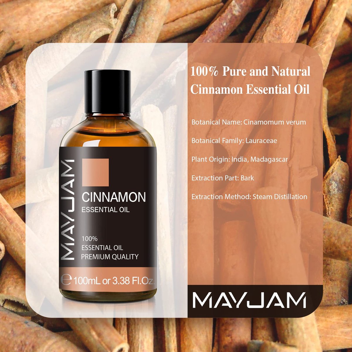 MAYJAM Zimt ätherisches Öl, 100% reines ätherisches Öl, 100 ml (3,38 Fl. Oz.) – Ideal für Diffuser und Aromatherapie