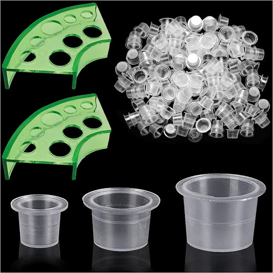 300 Stück Tattoo Farbbecher mit 2 Haltern - Moricher 100 kleine, 100 mittlere, 100 große Tattoo Ink Cups + 2 Cups Halter für Tattoo Farbe, Permanent Makeup Behälter, Tattoo Zubehör