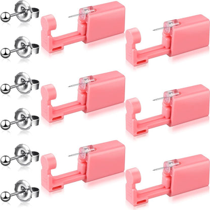 Honoson 6-teiliges Ohrlochstechen-Set für Einweg-Ohrlochpistolen mit Ohrringen - Selbst-Ohrlochstecher für Männer und Frauen, tragbare Körperpiercing-Werkzeuge, inklusive Stecker (Pink, Perlenstil)