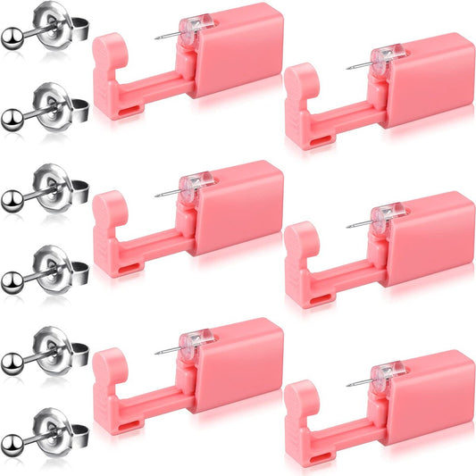 Honoson 6-teiliges Ohrlochstechen-Set für Einweg-Ohrlochpistolen mit Ohrringen - Selbst-Ohrlochstecher für Männer und Frauen, tragbare Körperpiercing-Werkzeuge, inklusive Stecker (Pink, Perlenstil)