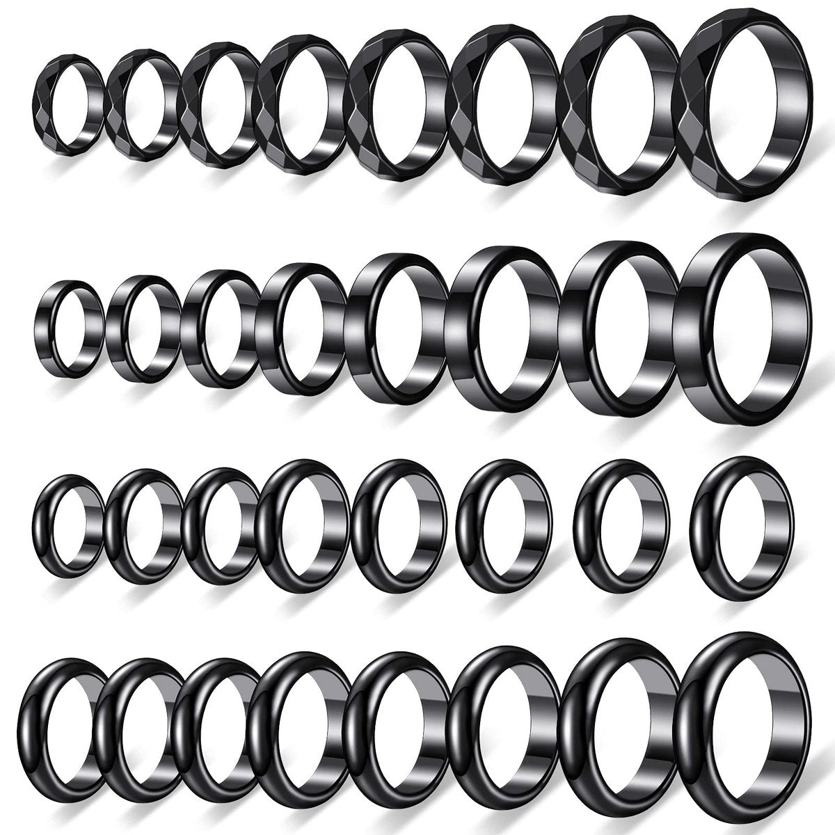 32-teiliges Set echter Hämatit-Ringe – Negative-Energie-Ring, nicht magnetisch, Hämatit-Schmuck, 6t gebogene Oberfläche, 6 flach, 6t facettiert, Größe 6-13, schicker cooler Schmuck (Schwarz)