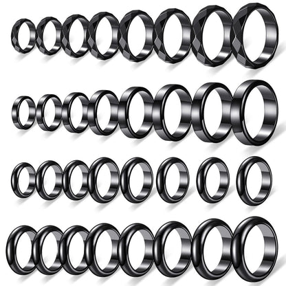 32-teiliges Set echter Hämatit-Ringe – Negative-Energie-Ring, nicht magnetisch, Hämatit-Schmuck, 6t gebogene Oberfläche, 6 flach, 6t facettiert, Größe 6-13, schicker cooler Schmuck (Schwarz)