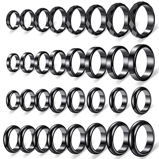 32-teiliges Set echter Hämatit-Ringe – Negative-Energie-Ring, nicht magnetisch, Hämatit-Schmuck, 6t gebogene Oberfläche, 6 flach, 6t facettiert, Größe 6-13, schicker cooler Schmuck (Schwarz)