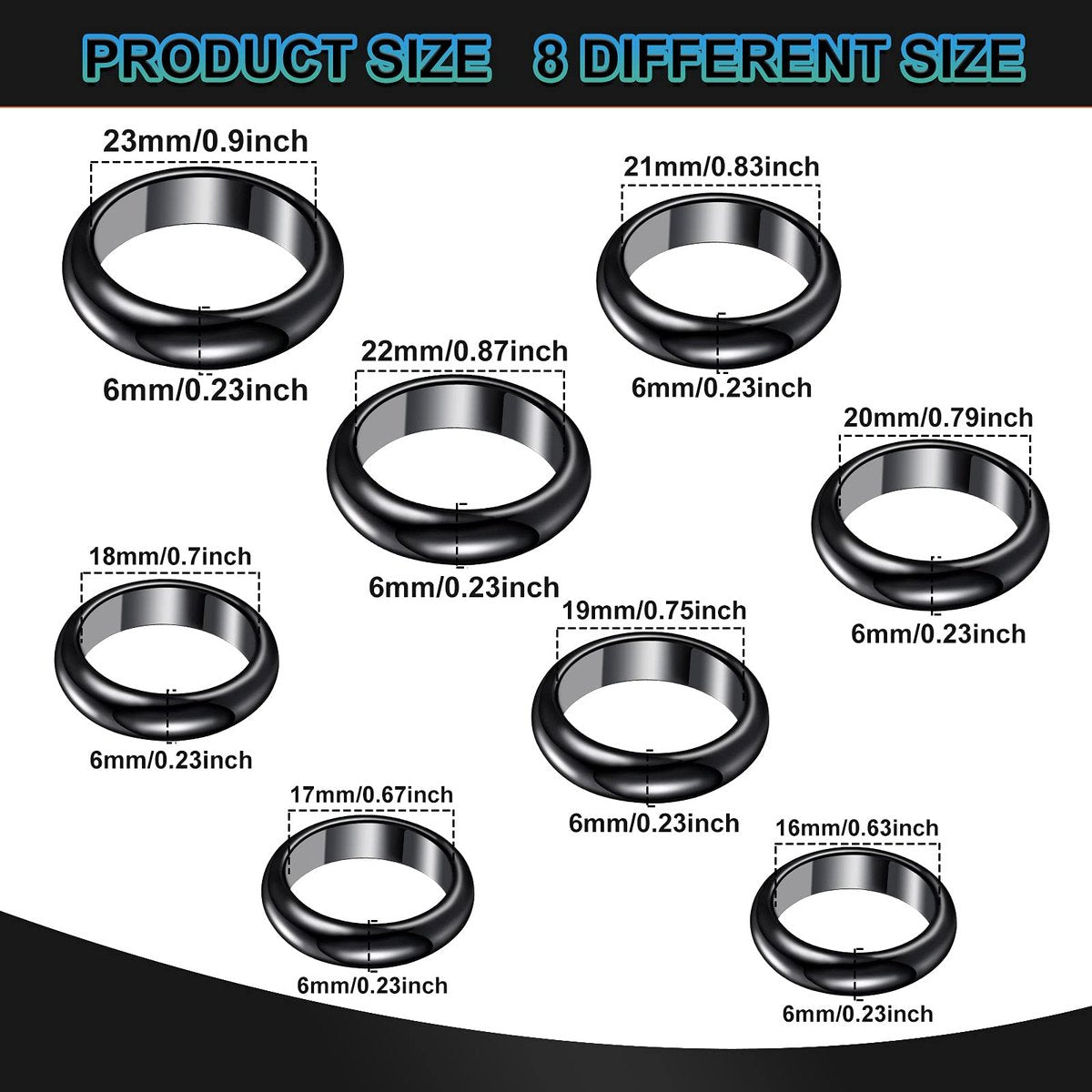 32-teiliges Set echter Hämatit-Ringe – Negative-Energie-Ring, nicht magnetisch, Hämatit-Schmuck, 6t gebogene Oberfläche, 6 flach, 6t facettiert, Größe 6-13, schicker cooler Schmuck (Schwarz)