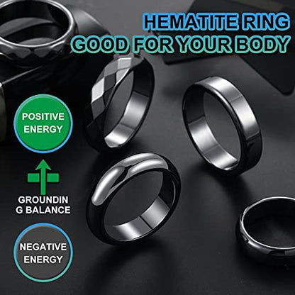 32-teiliges Set echter Hämatit-Ringe – Negative-Energie-Ring, nicht magnetisch, Hämatit-Schmuck, 6t gebogene Oberfläche, 6 flach, 6t facettiert, Größe 6-13, schicker cooler Schmuck (Schwarz)