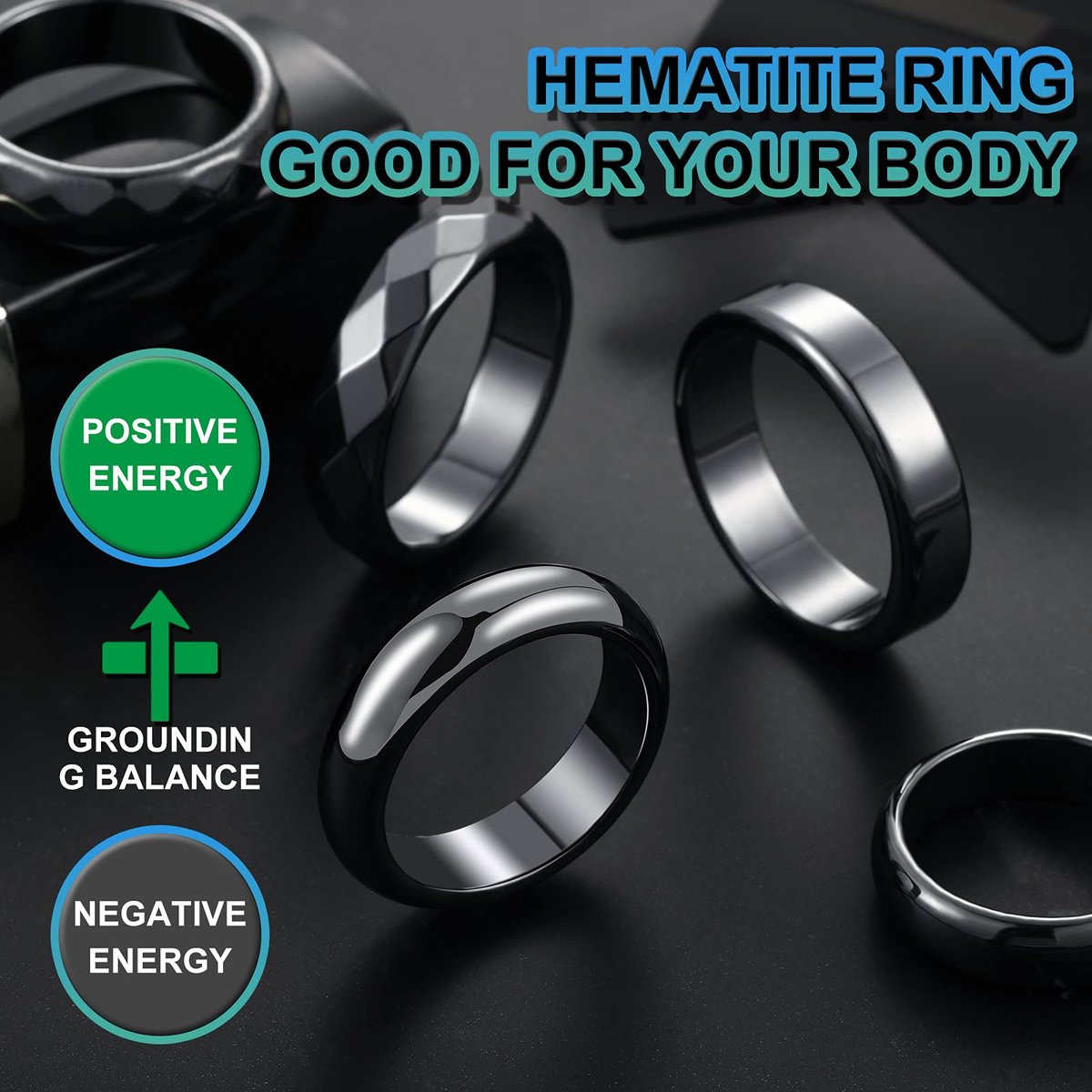 32-teiliges Set echter Hämatit-Ringe – Negative-Energie-Ring, nicht magnetisch, Hämatit-Schmuck, 6t gebogene Oberfläche, 6 flach, 6t facettiert, Größe 6-13, schicker cooler Schmuck (Schwarz)