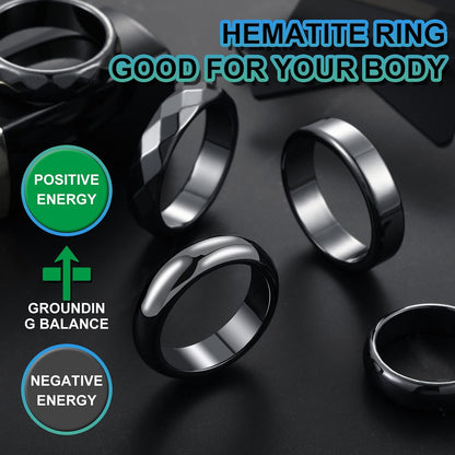 32-teiliges Set echter Hämatit-Ringe – Negative-Energie-Ring, nicht magnetisch, Hämatit-Schmuck, 6t gebogene Oberfläche, 6 flach, 6t facettiert, Größe 6-13, schicker cooler Schmuck (Schwarz)