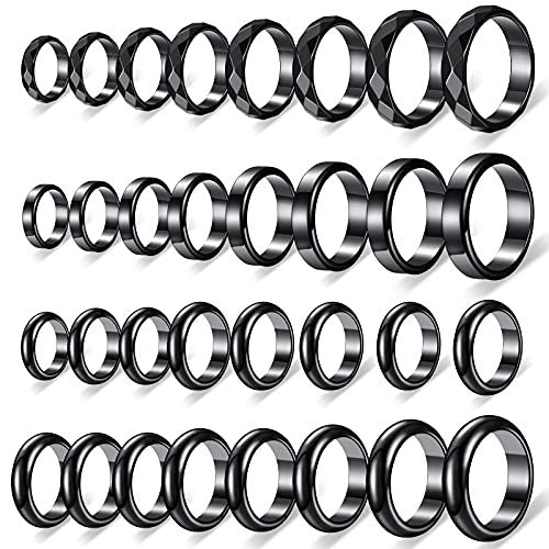 32-teiliges Set echter Hämatit-Ringe – Negative-Energie-Ring, nicht magnetisch, Hämatit-Schmuck, 6t gebogene Oberfläche, 6 flach, 6t facettiert, Größe 6-13, schicker cooler Schmuck (Schwarz)