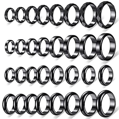 32-teiliges Set echter Hämatit-Ringe – Negative-Energie-Ring, nicht magnetisch, Hämatit-Schmuck, 6t gebogene Oberfläche, 6 flach, 6t facettiert, Größe 6-13, schicker cooler Schmuck (Schwarz)