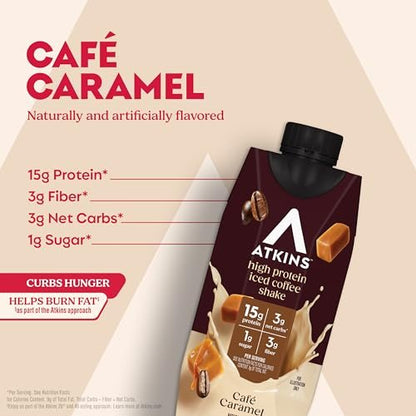 Atkins Café Caramel Eiskaffee Protein Shake – 12er Pack, Keto-freundlich, wenig Zucker, glutenfrei
