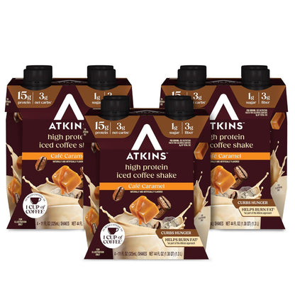 Atkins Café Caramel Eiskaffee Protein Shake – 12er Pack, Keto-freundlich, wenig Zucker, glutenfrei