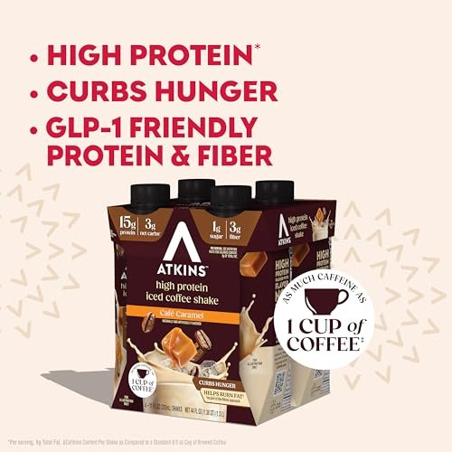 Atkins Café Caramel Eiskaffee Protein Shake – 12er Pack, Keto-freundlich, wenig Zucker, glutenfrei