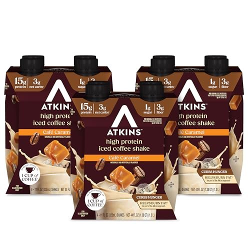 Atkins Café Caramel Eiskaffee Protein Shake – 12er Pack, Keto-freundlich, wenig Zucker, glutenfrei