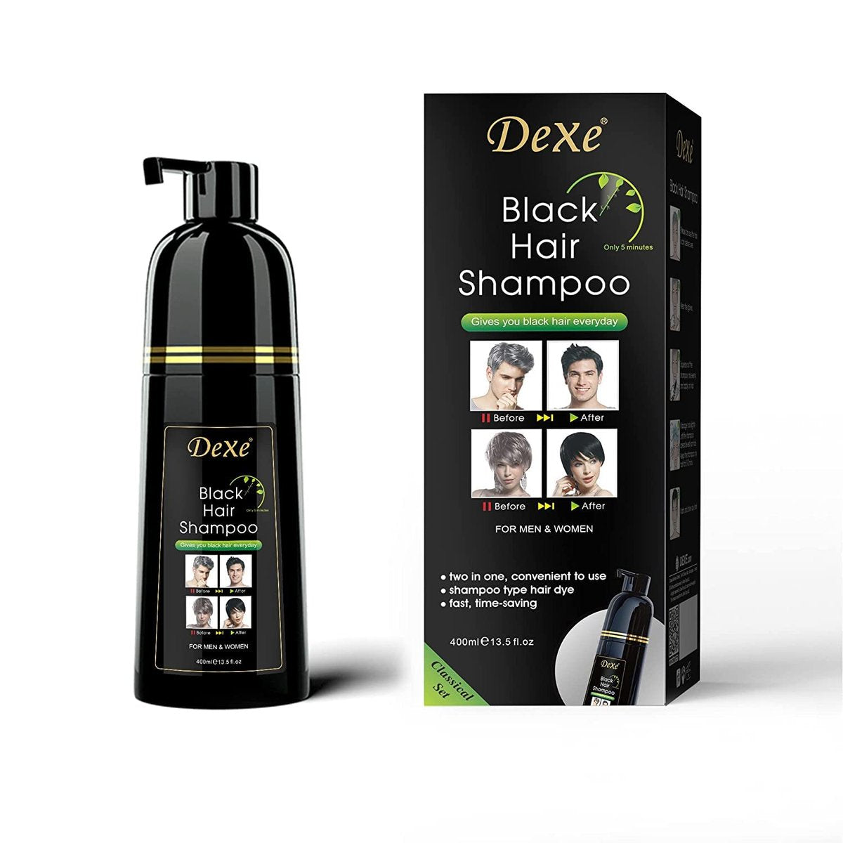 Dexe Haarfärbe-Shampoo 400 ml – Grauabdeckung, Schwarz, für Männer & Frauen