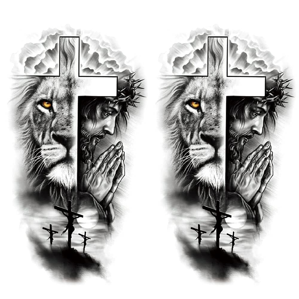 Oottati 2 Blätter Realistische Tiermotive Temporäre Tattoos Aufkleber – Wald Löwe Jesus Kreuz Old School Designs für Männer, wasserfest, Arm Bein Fake Body Art, Fitness & Partys, maskuline Dekorationen