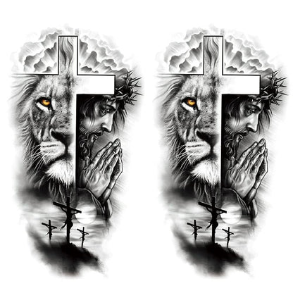 Oottati 2 Blätter Realistische Tiermotive Temporäre Tattoos Aufkleber – Wald Löwe Jesus Kreuz Old School Designs für Männer, wasserfest, Arm Bein Fake Body Art, Fitness & Partys, maskuline Dekorationen