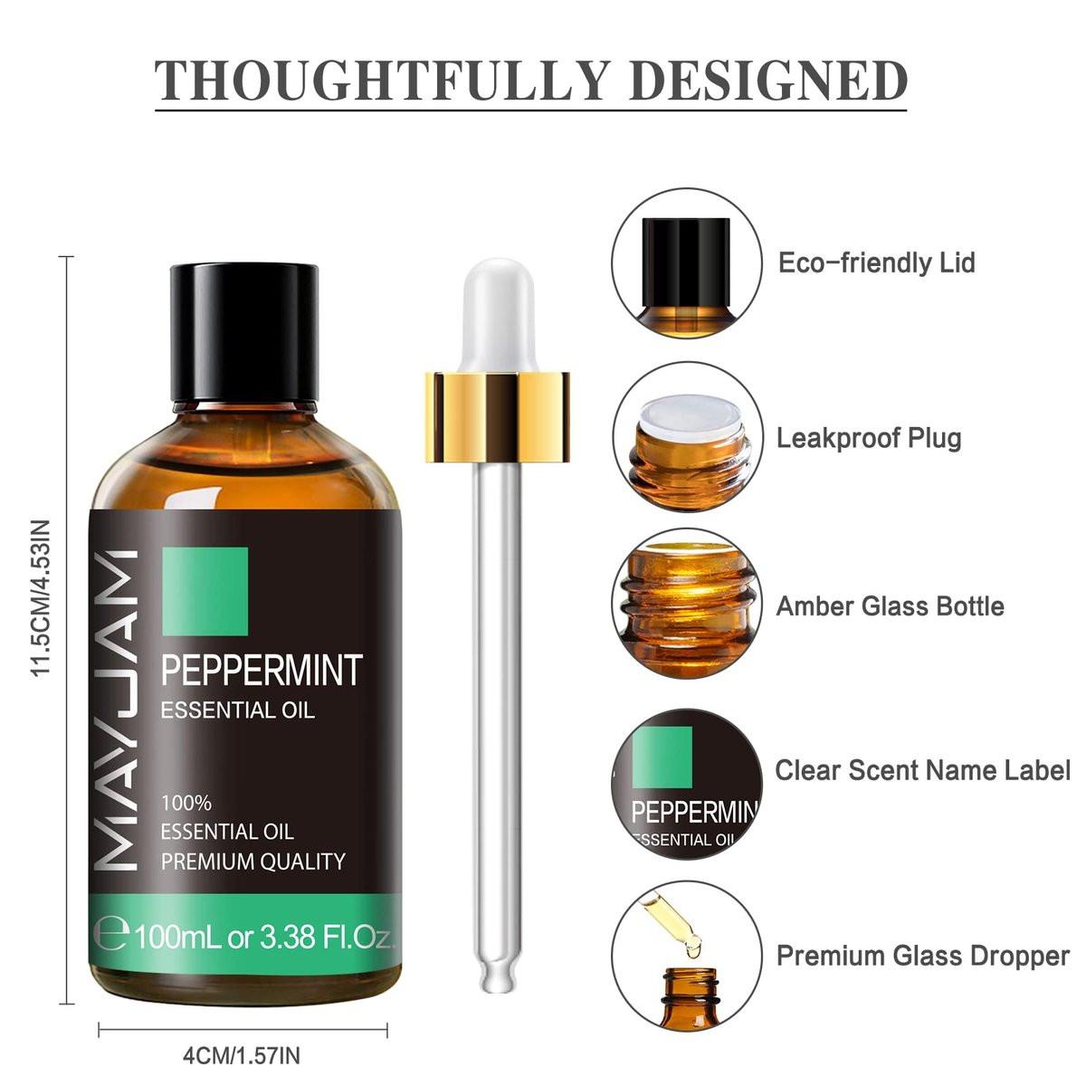 Pfefferminz ätherisches Öl, MAYJAM Premium Reine Ätherische Öle, 100 ml Pfefferminzöl für Diffuser, Seifen- und Kerzenherstellung, ideal für Zuhause, Büro, Auto, Yoga