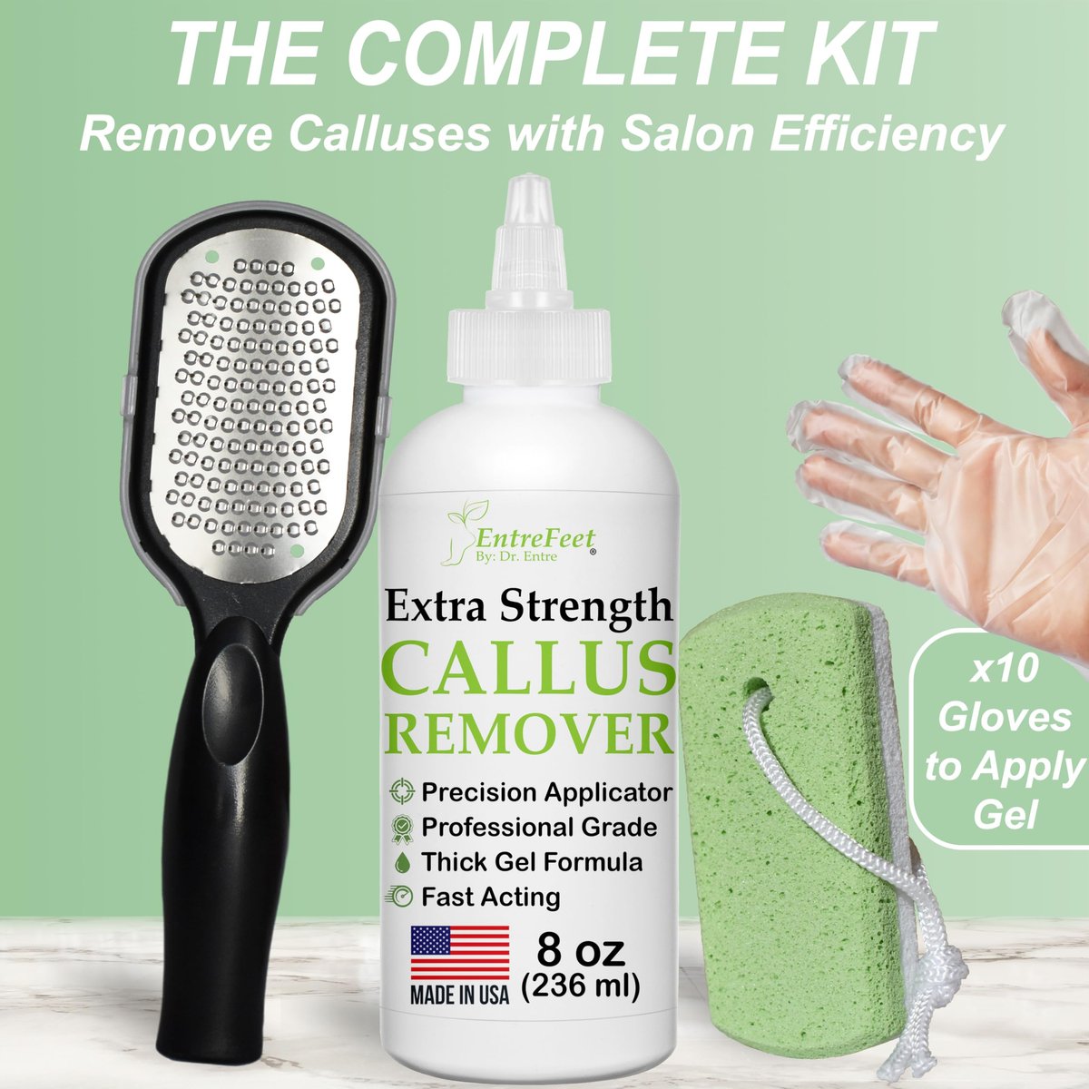 Dr. Entre's Hornhautentferner-Gel-Set für die Füße: Fußfeile, Bimsstein, 5 Paar Handschuhe für Gelauftrag, Spa-Kit, Fußpflege, Pediküre-Werkzeuge, Schrubber, 237 ml
