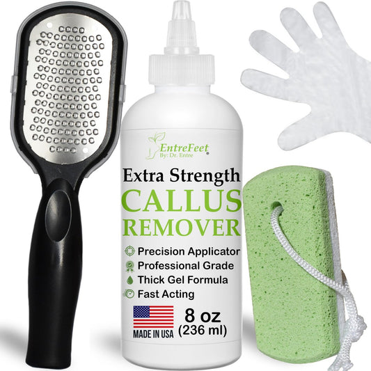 Dr. Entre's Hornhautentferner-Gel-Set für die Füße: Fußfeile, Bimsstein, 5 Paar Handschuhe für Gelauftrag, Spa-Kit, Fußpflege, Pediküre-Werkzeuge, Schrubber, 237 ml