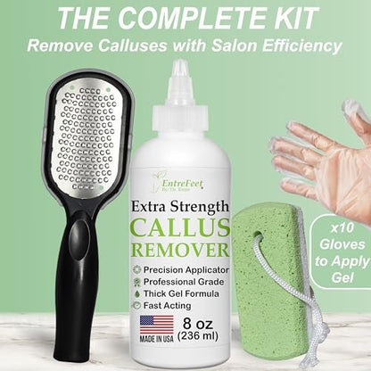 Dr. Entre's Hornhautentferner-Gel-Set für die Füße: Fußfeile, Bimsstein, 5 Paar Handschuhe für Gelauftrag, Spa-Kit, Fußpflege, Pediküre-Werkzeuge, Schrubber, 237 ml