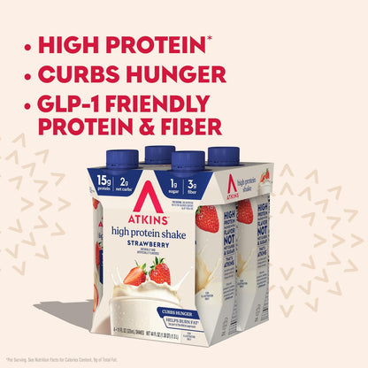 Atkins Erdbeer-Proteinshake – Hoher Proteingehalt, wenig Zucker, kohlenhydratarm, keto-freundlich, glutenfrei, 12er-Pack (330 ml pro Flasche)