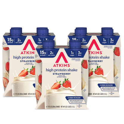 Atkins Erdbeer-Proteinshake – Hoher Proteingehalt, wenig Zucker, kohlenhydratarm, keto-freundlich, glutenfrei, 12er-Pack (330 ml pro Flasche)