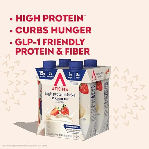 Atkins Erdbeer-Proteinshake – Hoher Proteingehalt, wenig Zucker, kohlenhydratarm, keto-freundlich, glutenfrei, 12er-Pack (330 ml pro Flasche)