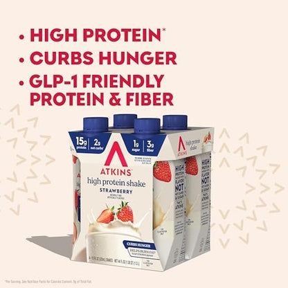 Atkins Erdbeer-Proteinshake – Hoher Proteingehalt, wenig Zucker, kohlenhydratarm, keto-freundlich, glutenfrei, 12er-Pack (330 ml pro Flasche)