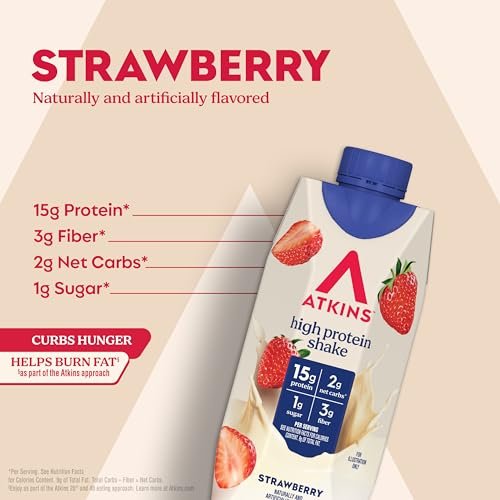 Atkins Erdbeer-Proteinshake – Hoher Proteingehalt, wenig Zucker, kohlenhydratarm, keto-freundlich, glutenfrei, 12er-Pack (330 ml pro Flasche)