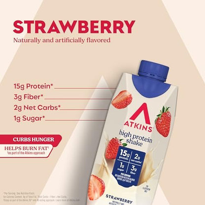 Atkins Erdbeer-Proteinshake – Hoher Proteingehalt, wenig Zucker, kohlenhydratarm, keto-freundlich, glutenfrei, 12er-Pack (330 ml pro Flasche)