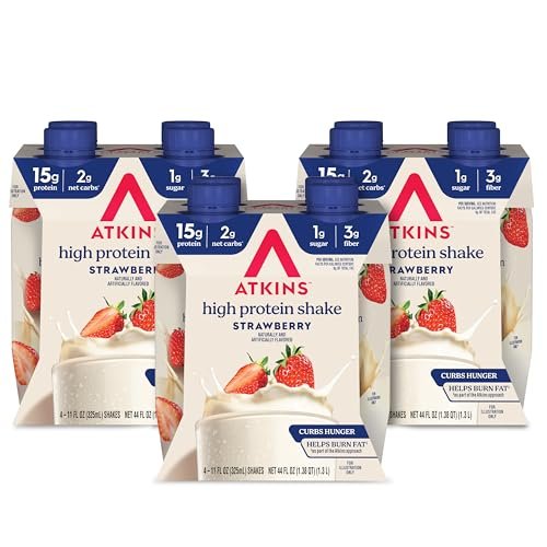 Atkins Erdbeer-Proteinshake – Hoher Proteingehalt, wenig Zucker, kohlenhydratarm, keto-freundlich, glutenfrei, 12er-Pack (330 ml pro Flasche)