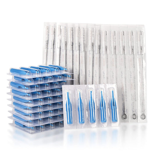 JimKing Tattoo Nadeln und Spitzen Set, 100 Stück Einweg gemischt sortiert sterilisiert, 5 Stück von jeder Größe: 3RL 5RL 7RL 9RL 3RS 5RS 7RS 9RS 5M1 7M1 3RT 5RT 7RT 9RT 3DT 5DT 7D