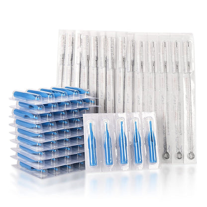 JimKing Tattoo Nadeln und Spitzen Set, 100 Stück Einweg gemischt sortiert sterilisiert, 5 Stück von jeder Größe: 3RL 5RL 7RL 9RL 3RS 5RS 7RS 9RS 5M1 7M1 3RT 5RT 7RT 9RT 3DT 5DT 7D