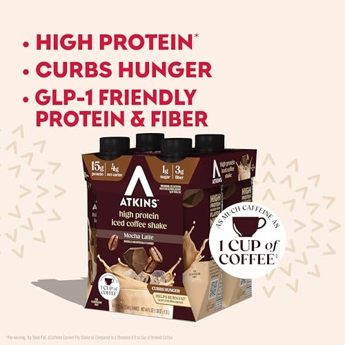 Atkins Mokka Latte Eiskaffee Protein Shake – 12er-Pack, kohlenhydratarm, zuckerarm, keto-freundlich