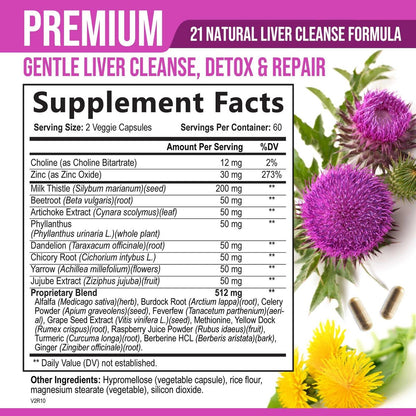 Liver Cleanse Detox & Repair Formula – 20-in-1 Fortschrittliche Leberunterstützung mit Mariendistel, Löwenzahnwurzel, Artischockenextrakt, Kurkuma, Cholin & Rote Bete – 120 vegane Kapseln