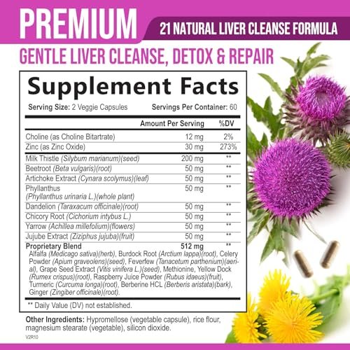 Liver Cleanse Detox & Repair Formula – 20-in-1 Fortschrittliche Leberunterstützung mit Mariendistel, Löwenzahnwurzel, Artischockenextrakt, Kurkuma, Cholin & Rote Bete – 120 vegane Kapseln