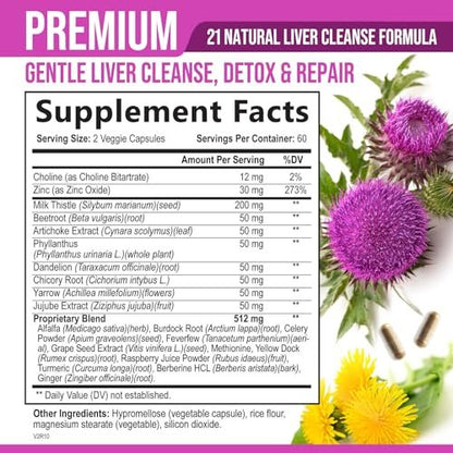 Liver Cleanse Detox & Repair Formula – 20-in-1 Fortschrittliche Leberunterstützung mit Mariendistel, Löwenzahnwurzel, Artischockenextrakt, Kurkuma, Cholin & Rote Bete – 120 vegane Kapseln