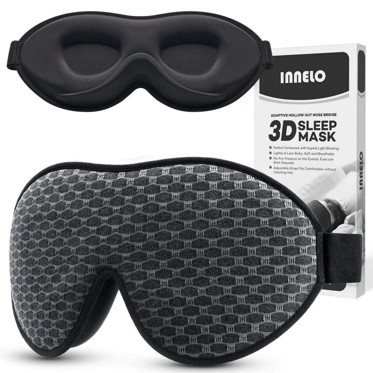 INNELO 3D Konturierte Schlafmaske für Seitenschläfer – 100% Lichtblockierende Schlafmaske für Männer & Frauen, Weich, Kein Druck auf den Augen, Flugzeug-Blendenschutz für Reisen, Nickerchen, Yoga, Grau