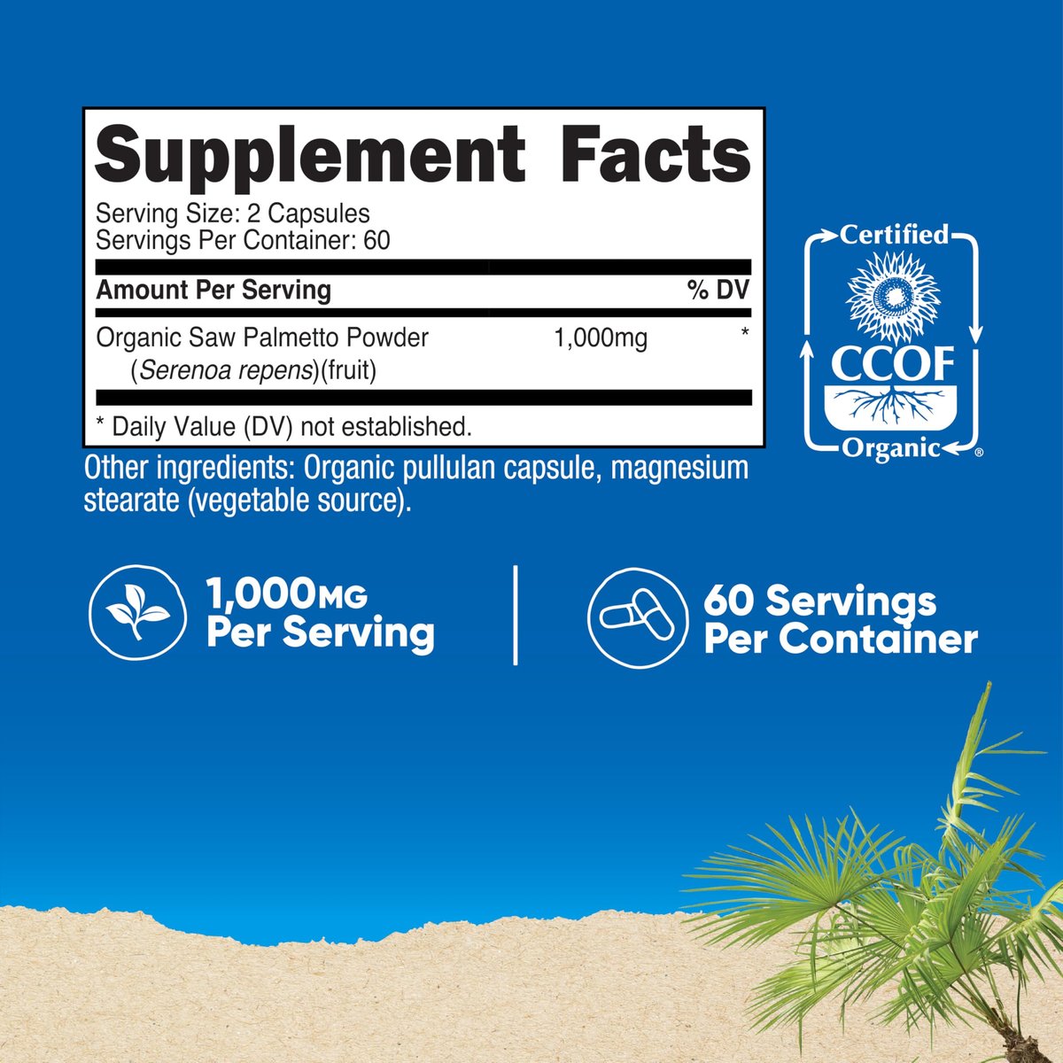 Nutricost Sägepalme 1000mg, 120 Kapseln – CCOF-zertifiziert aus Bio-Sägepalme, vegetarisch, 60 Portionen, 500mg pro Kapsel, glutenfrei
